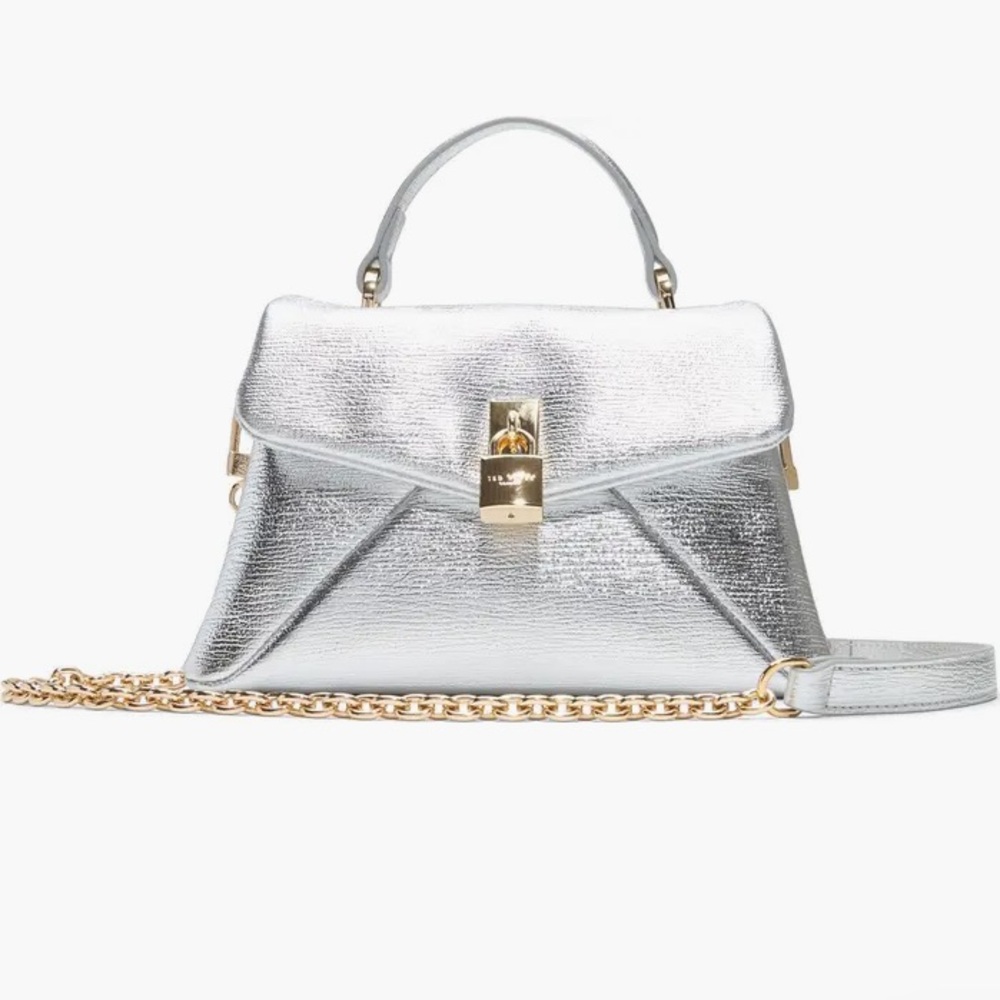 Ted Baker Poppy Leather Top Handle Crossbody Bag Silver Gold Chain Strap NEW